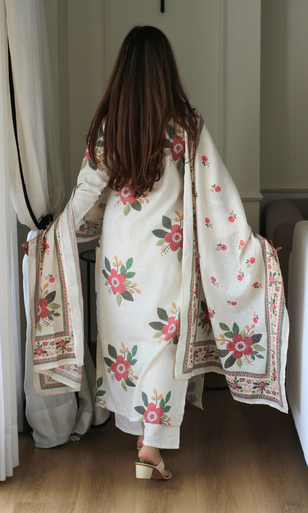 Ivory Cotton Rose Pink Floral Print Kurta, Pants & Dupatta