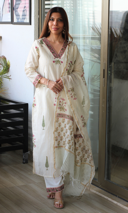 Tamanna Chanderi Silk Handblock Printed Kurta , Dupatta & Cotton Pants