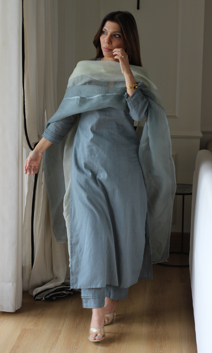 Dove Lavanya Cotton Slub Kurta, Pant & Kota Doria Dupatta