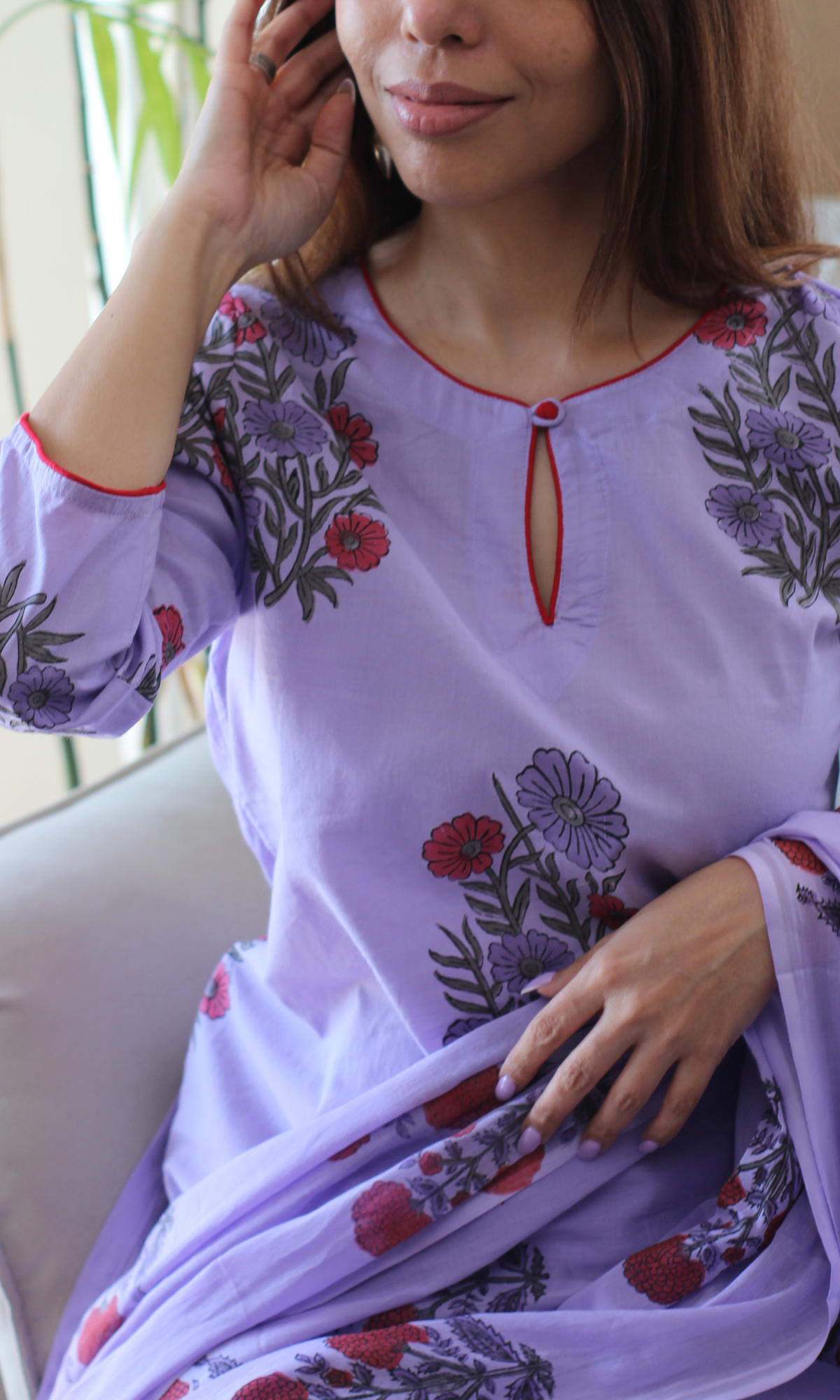 Lavender & Red Handblock Mughal Print Cotton Kurta, Dupatta & Cotton Pants