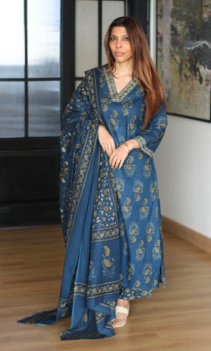 Cotton Pastel Blue Mughal Print Suit with Cotton Printed Dupatta
