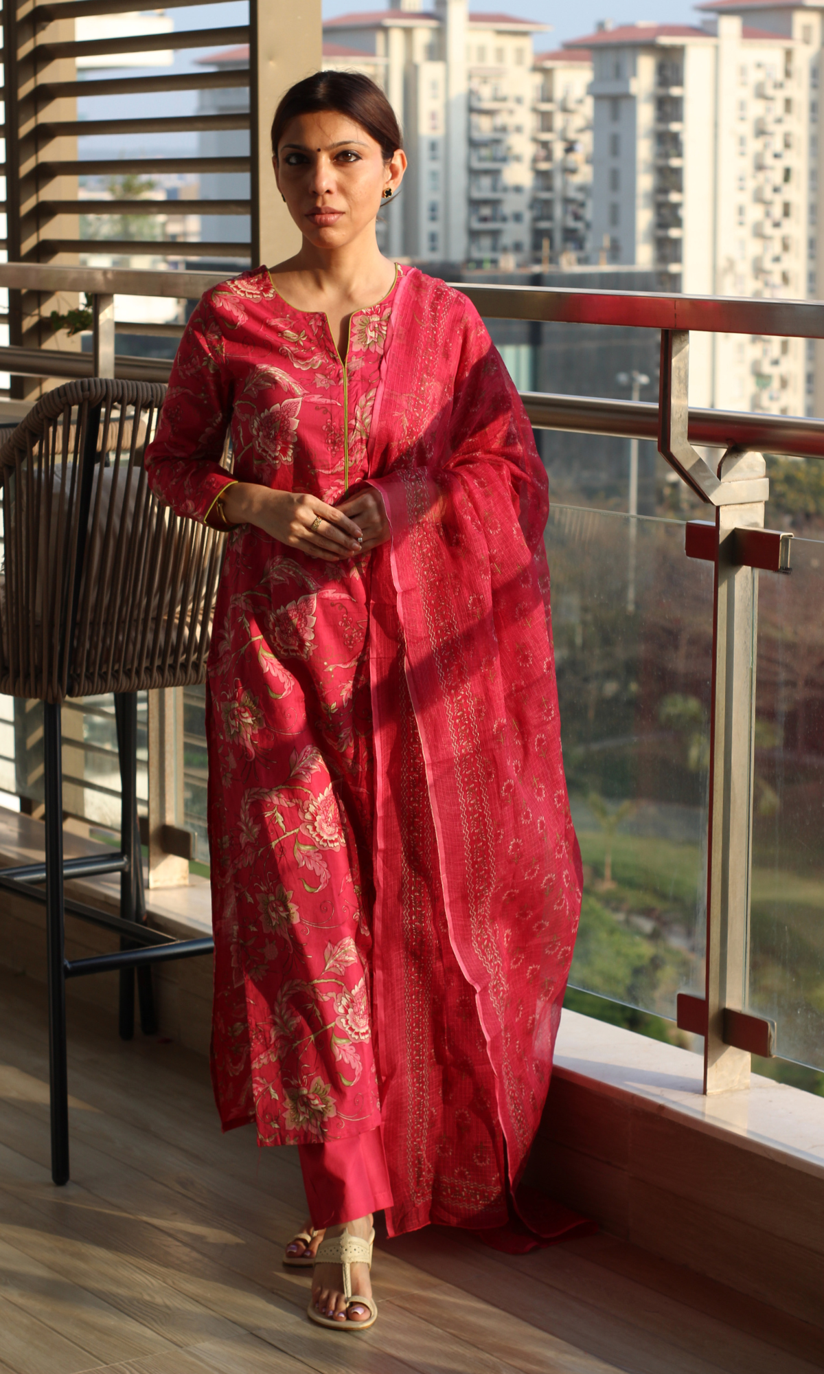 Berry Pink Jaal Print Cotton Kurta ,Pant & Kota Doria Booti Dupatta