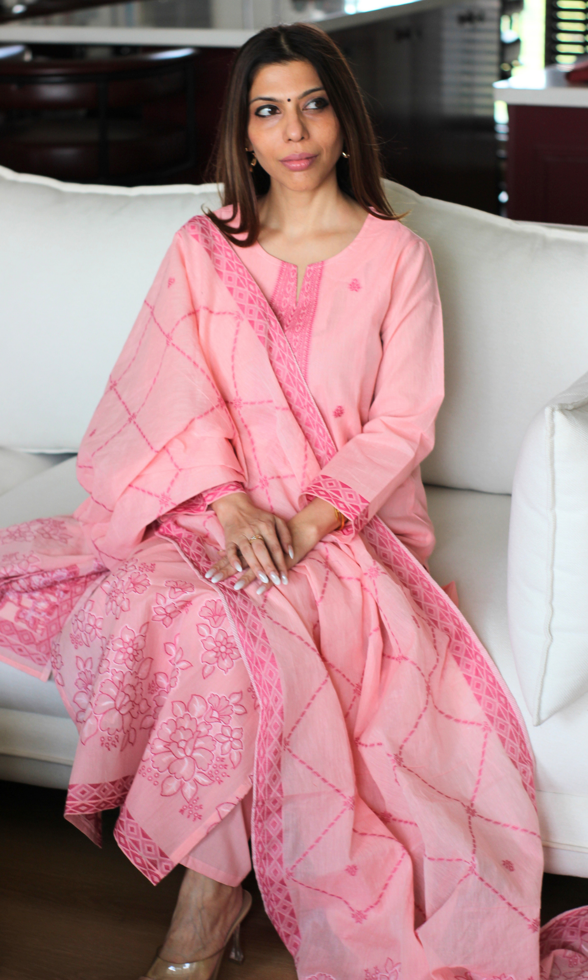 Pink Loom Woven Kurta , Dupatta & Cotton Pants