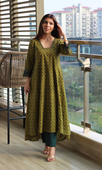 Bottle Green & Mustard Kali Kurta & Cotton Pants