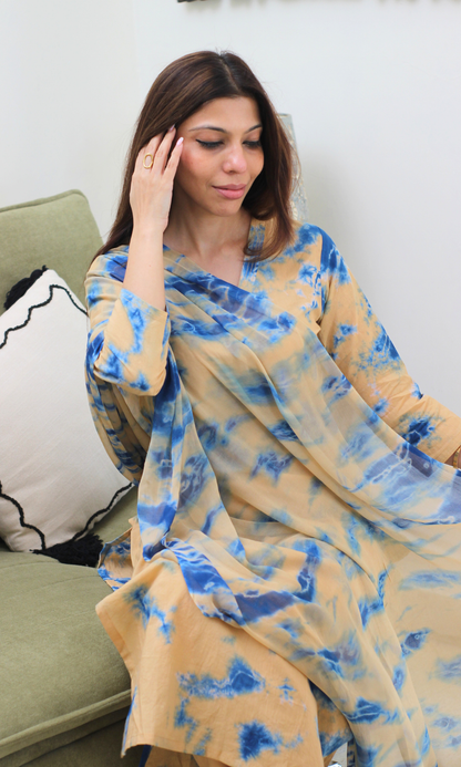 Cotton Amber Indigo African Shibori Kurta, Chiffon Dupatta & Cotton Pants