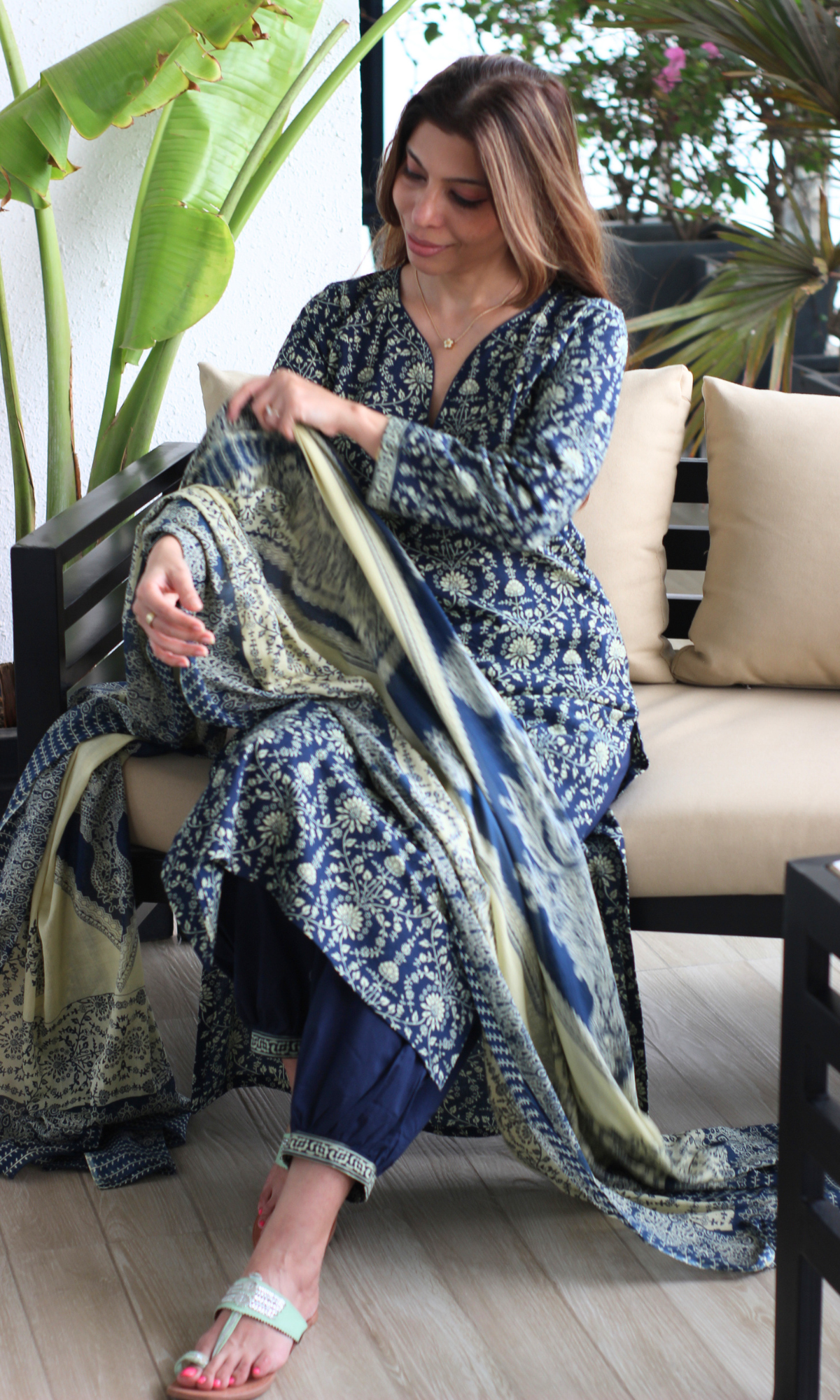 Deep Blue Cotton Jall Print Kurta, Afghani pant & Cotton Printed Dupatta
