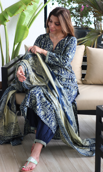 Deep Blue Cotton Jall Print Kurta, Afghani pant & Cotton Printed Dupatta