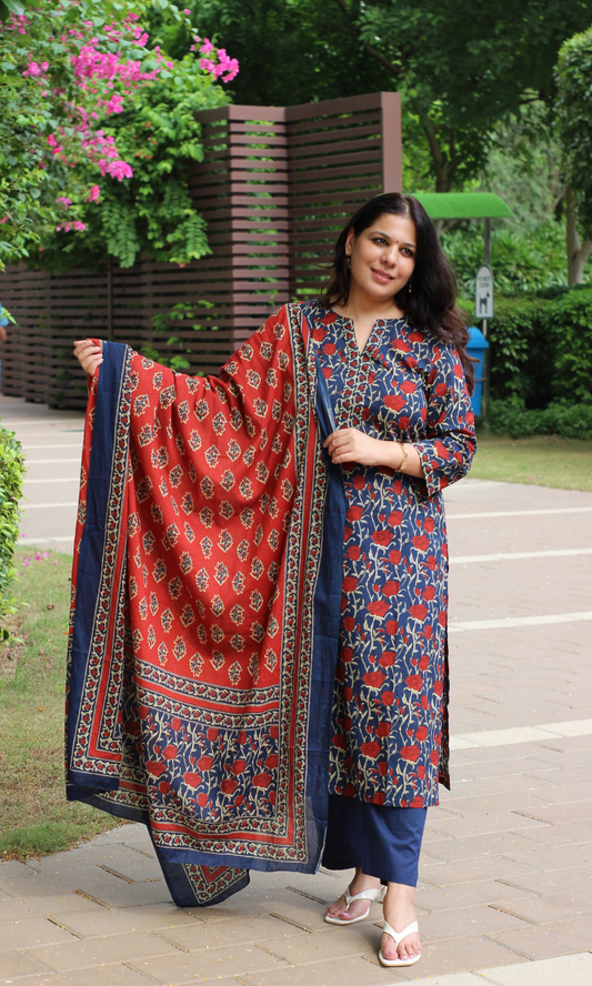 Cotton Blue Rose Ajrakh Print Kurta, Dupatta & Cotton Pants