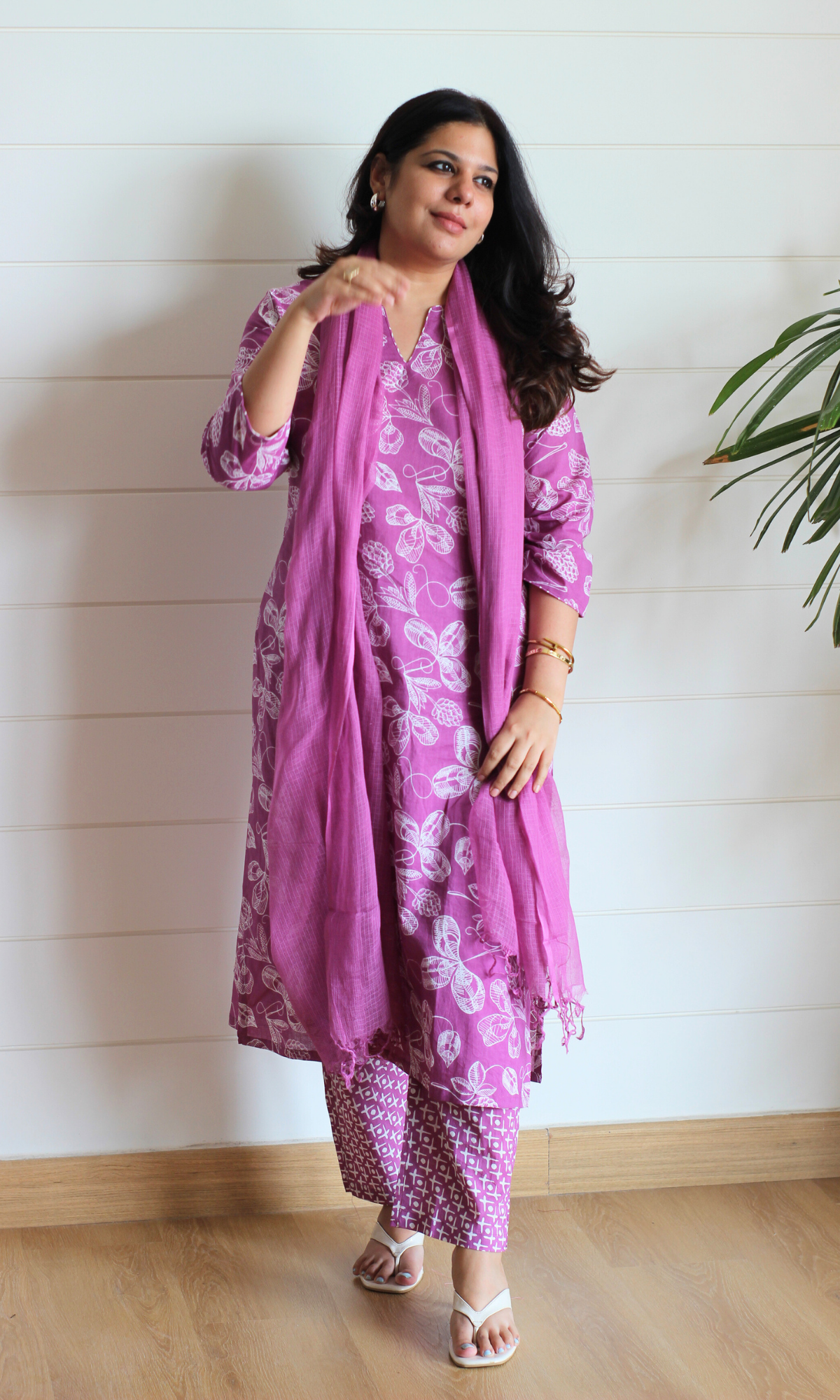 Cotton Mulberry Petal Print Kurta, Pant & Kota Doria Dupatta