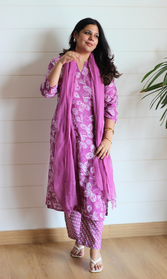 Cotton Mulberry Petal Print Kurta, Pant & Kota Doria Dupatta