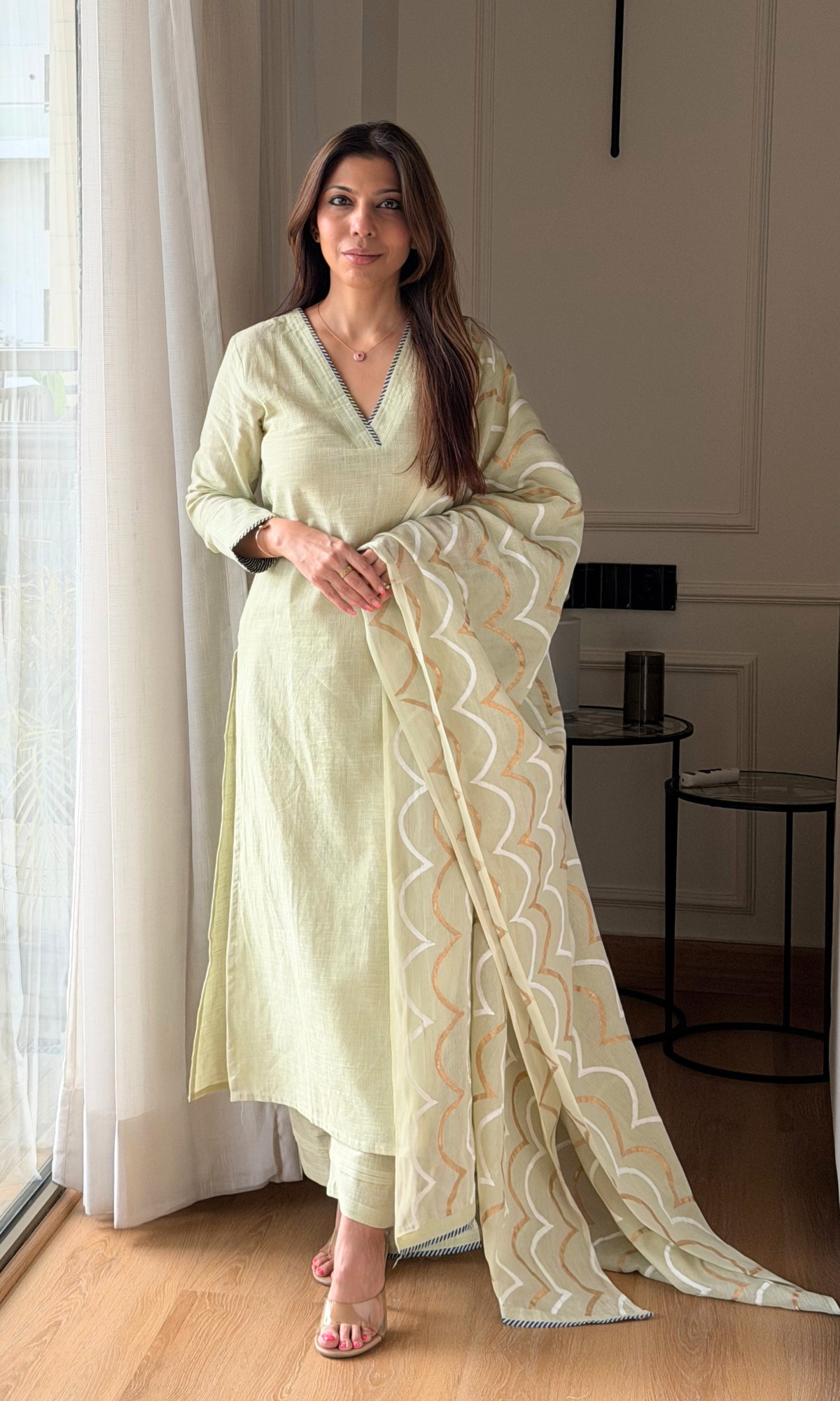 Lime Green Cotton Slub Kurta, Pants & Cotton Wave Block Print Dupatta