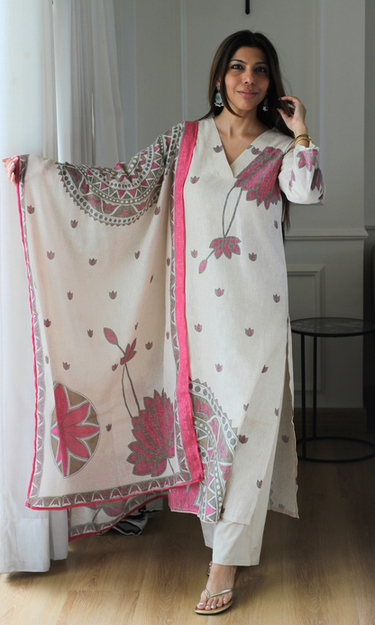 Kamalini Pink Linen Blend Kurta, Dupatta & Cotton Pants