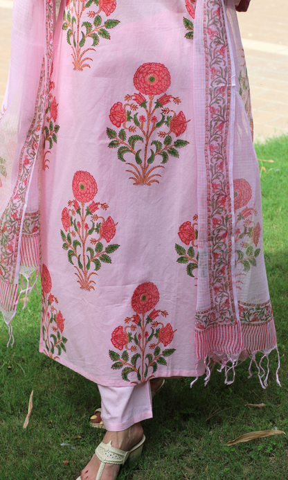 Pink Handblock Mughal Print Cotton Kurta, Pant & Kota Doria  Dupatta