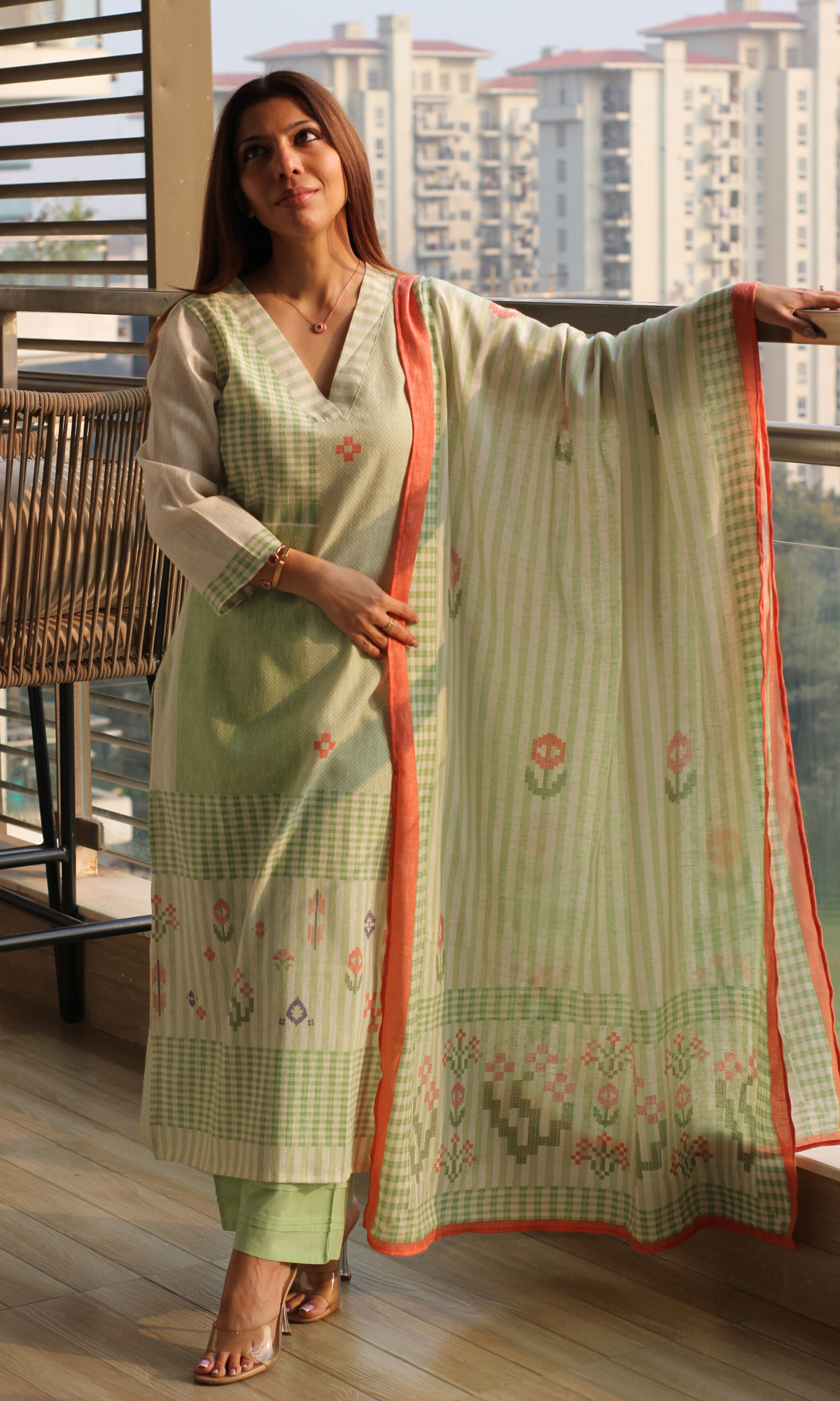Linen Blend Sage Sukoon Printed Kurta, Dupatta & Cotton Pants