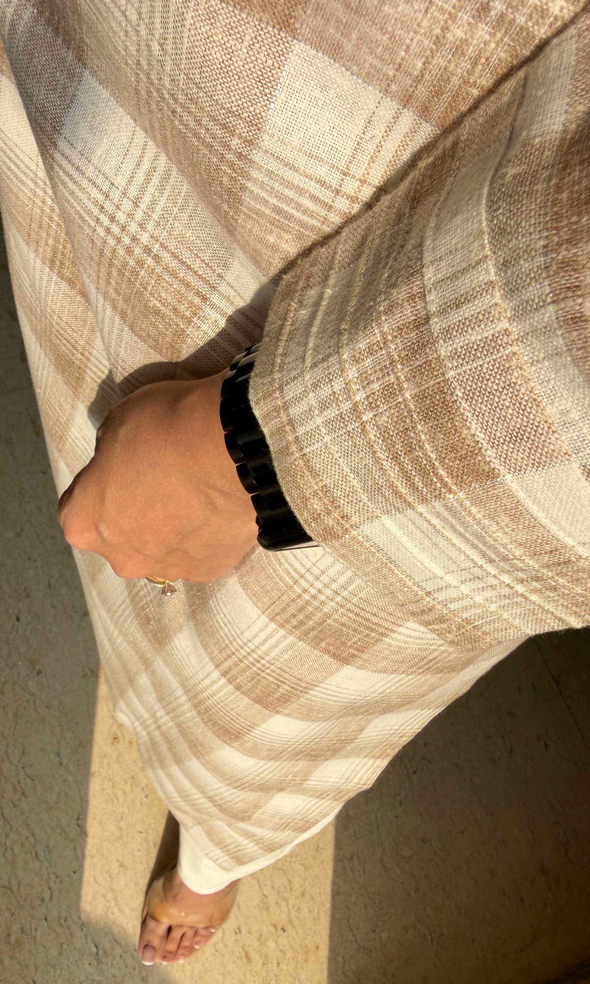 Linen Blend Beige Checked Kurta with Cotton Pants