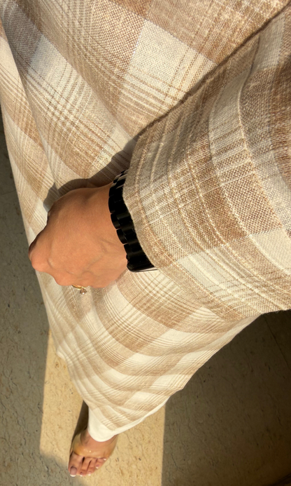 Linen Blend Beige Checked Kurta with Cotton Pants