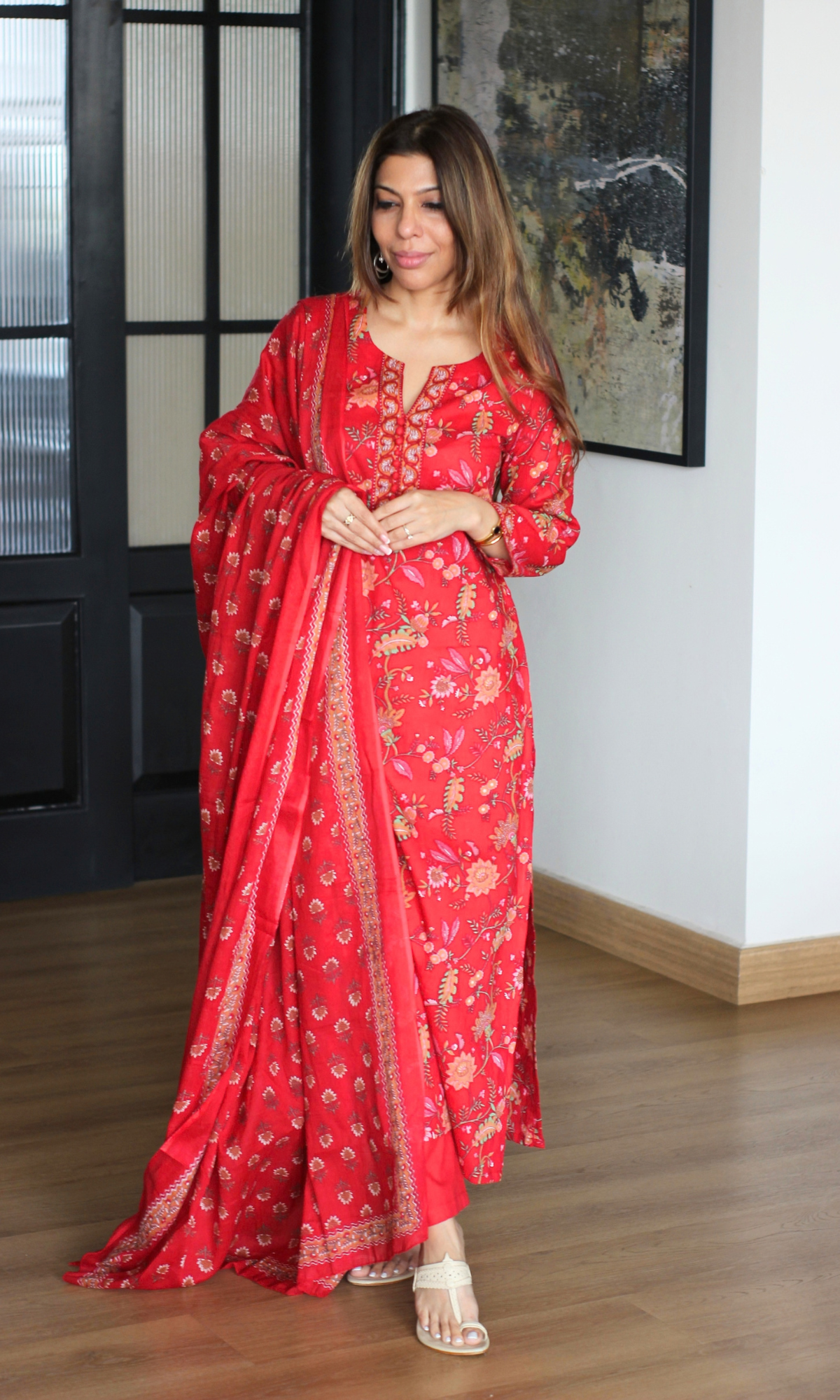 Gulbarg Lal Block Print Kurta, Dupatta & Cotton Pants