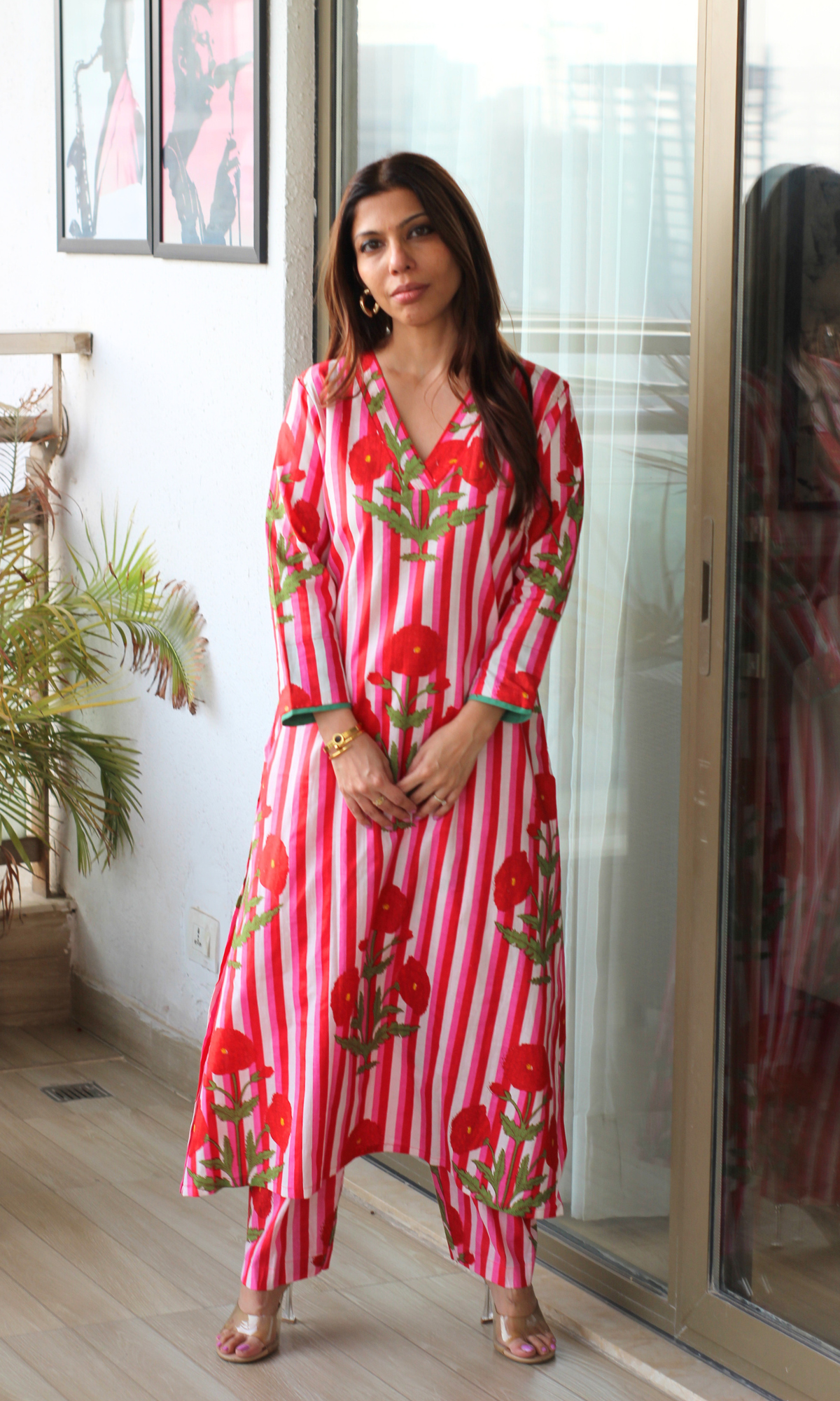 Red & Pink Mughal Cotton Kurta with Pants