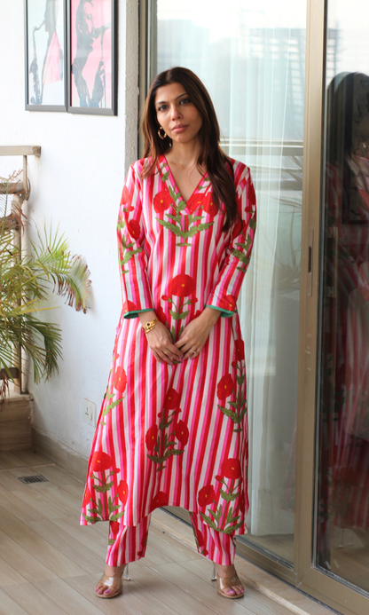 Red & Pink Mughal Cotton Kurta with Pants