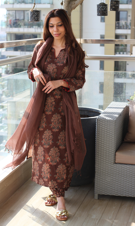 Cotton Cocoa Mughal Print Kurta, Afgani Salwaar with Kota Doria Dupatta