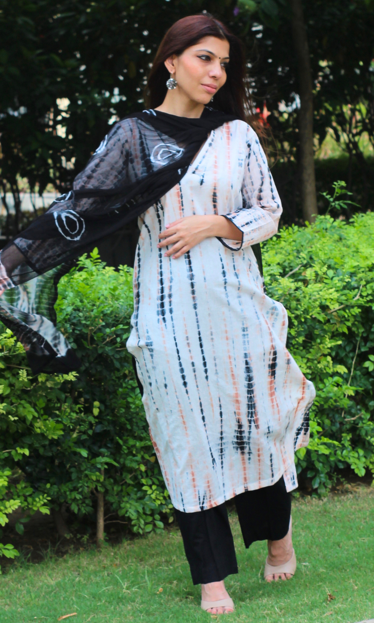 Cotton Black Tie and Dye Suit Set with Chiffon Dupatta