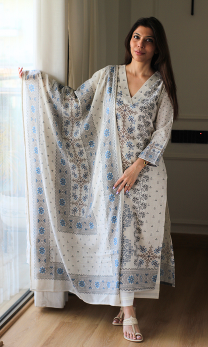 Linen Blend Ivory Blue Mosaic Kurta , Dupatta with Cotton Pants