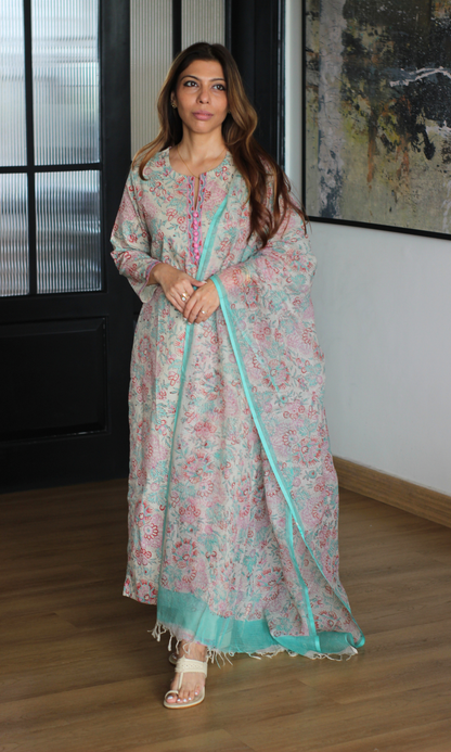 Sapna pink & aqua handblock Kurta, Pants & Kota Doria Dupatta