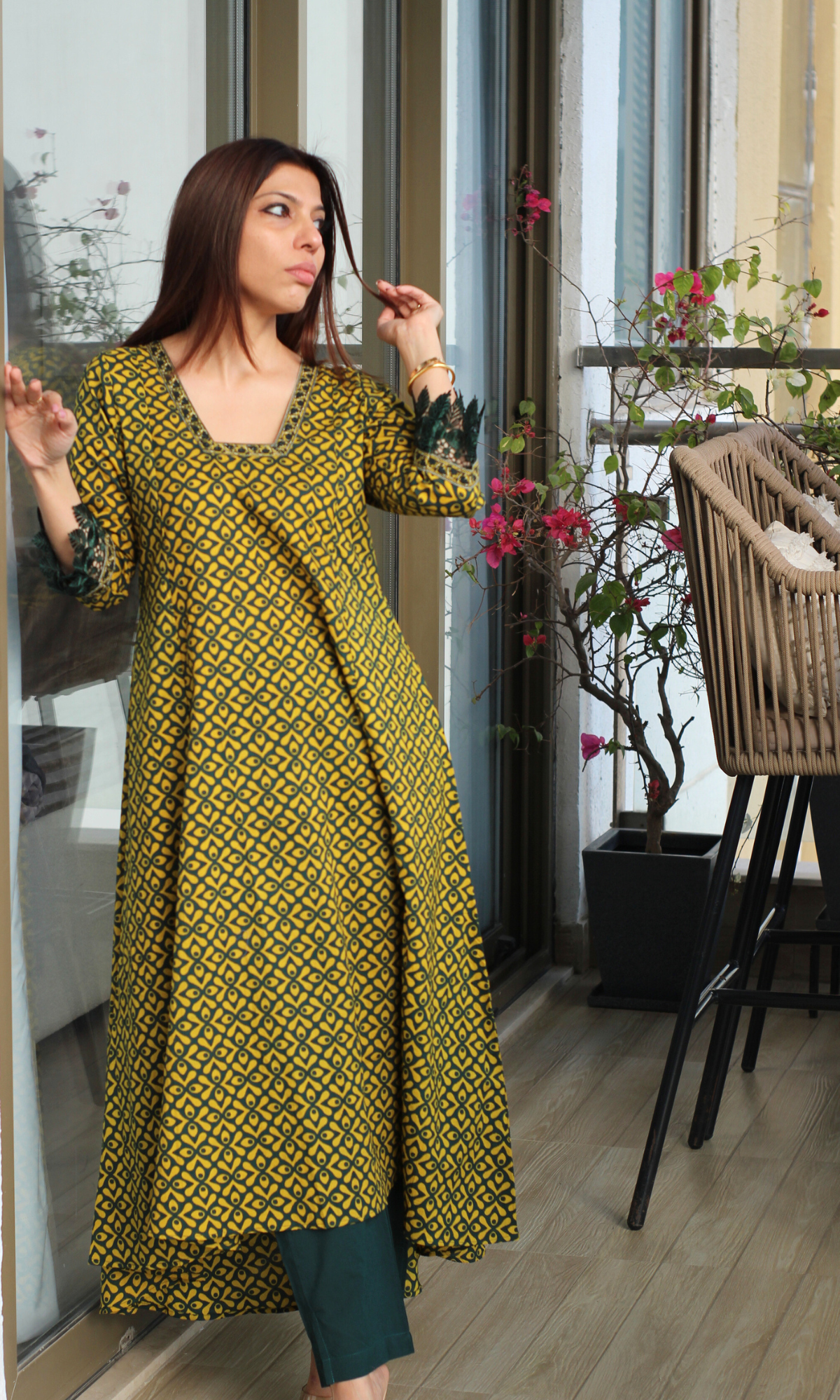 Bottle Green & Mustard Kali Kurta & Cotton Pants