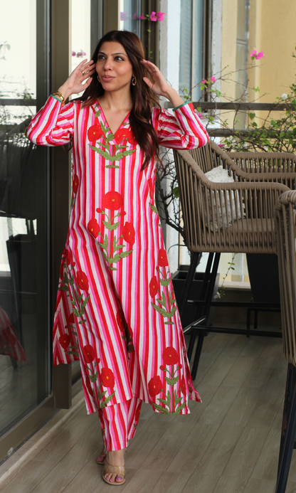 Red & Pink Mughal Cotton Kurta with Pants