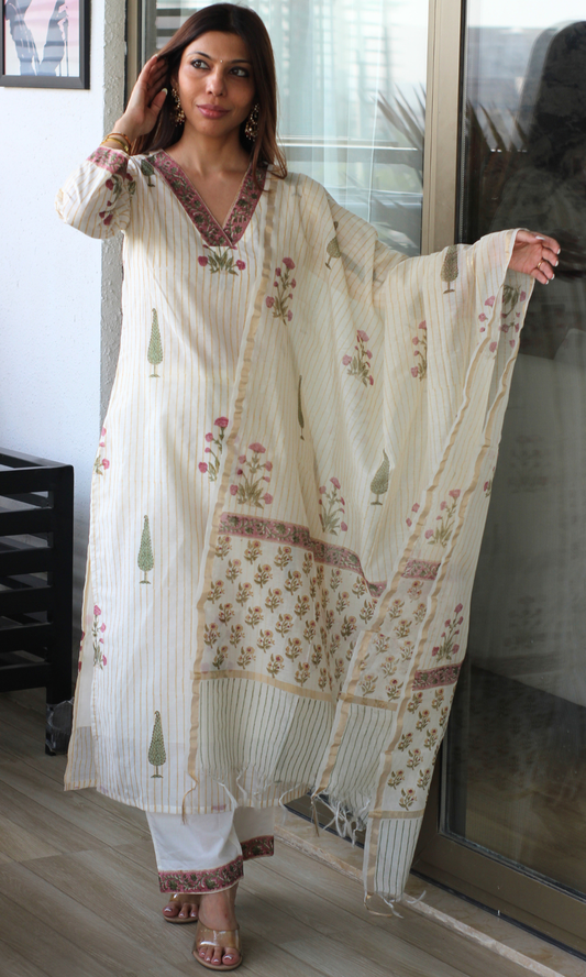 Tamanna Chanderi Silk Handblock Printed Kurta , Dupatta & Cotton Pants