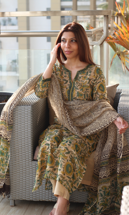 Kota Doria Beige & Yellow Kalamkari Handblock Print Kurta and Dupatta with Cotton Pants