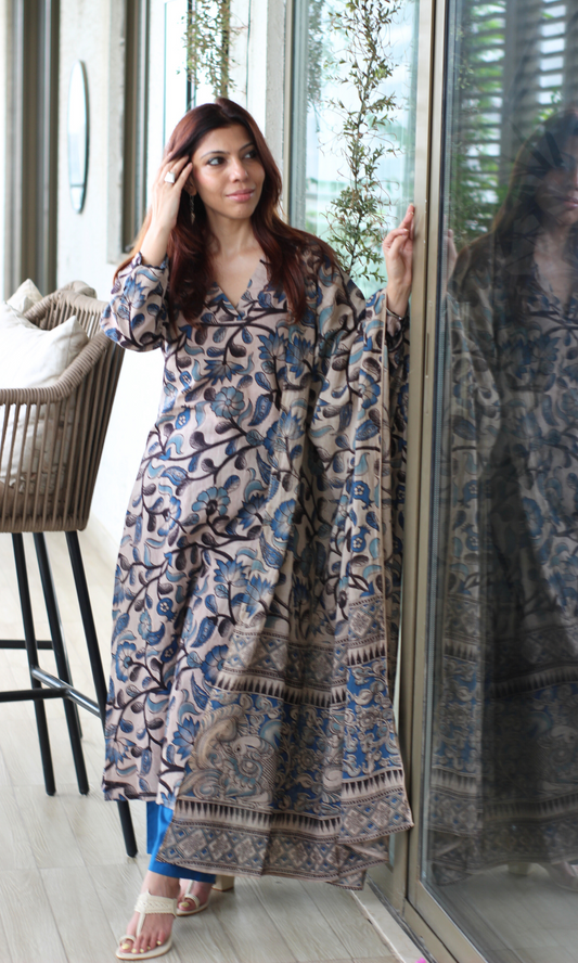 Noor Blue Handblock Kalamkari Kurta, Dupatta & Cotton Pants