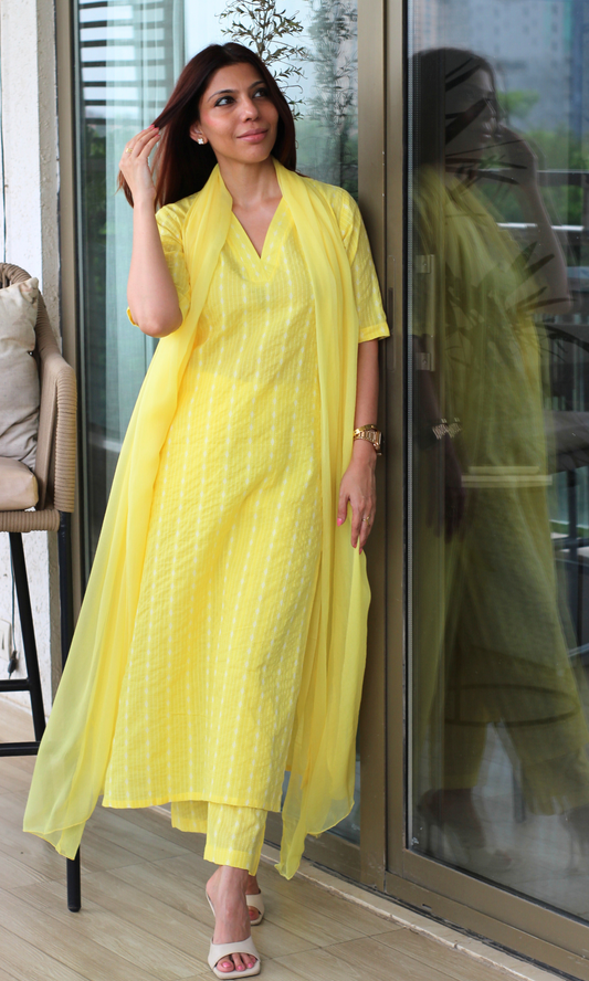 Lemon Zest Cotton Kantha Kurta, Pant & Chiffon Dupatta