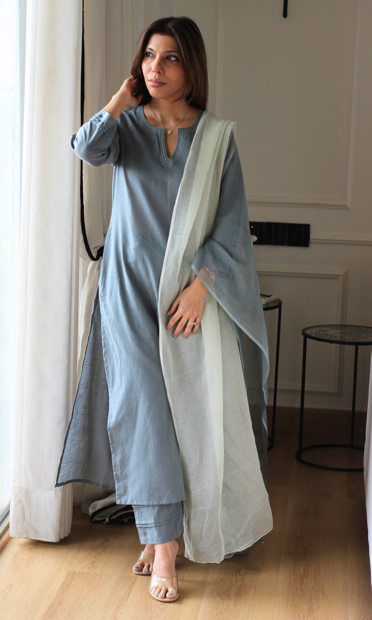 Dove Lavanya Cotton Slub Kurta, Pant & Kota Doria Dupatta