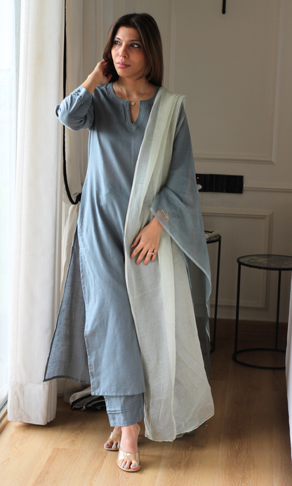 Dove Lavanya Cotton Slub Kurta, Pant & Kota Doria Dupatta
