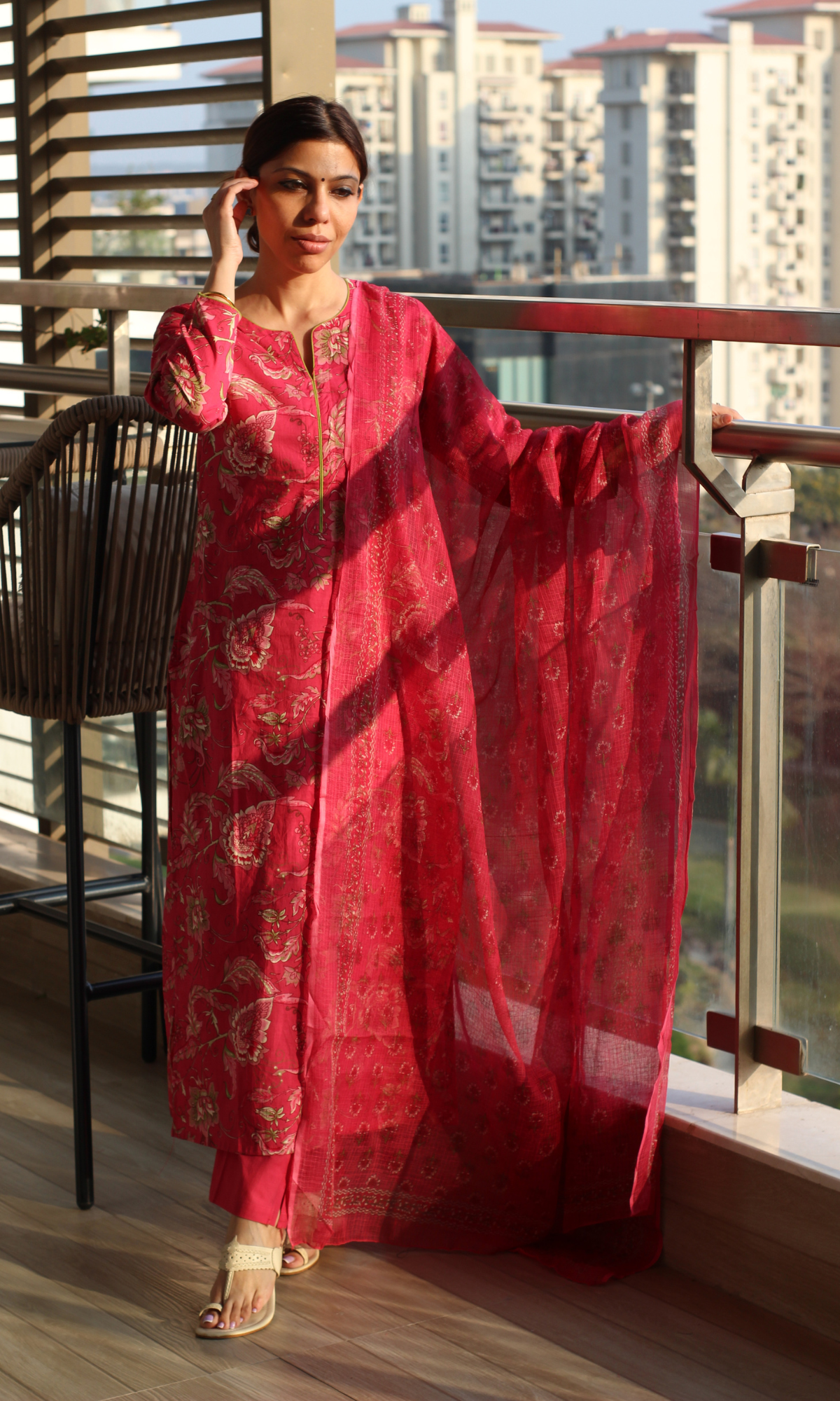 Berry Pink Jaal Print Cotton Kurta ,Pant & Kota Doria Booti Dupatta