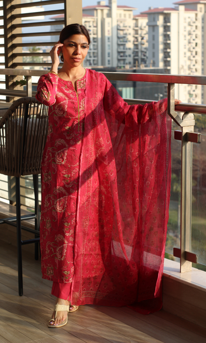 Berry Pink Jaal Print Cotton Kurta ,Pant & Kota Doria Booti Dupatta