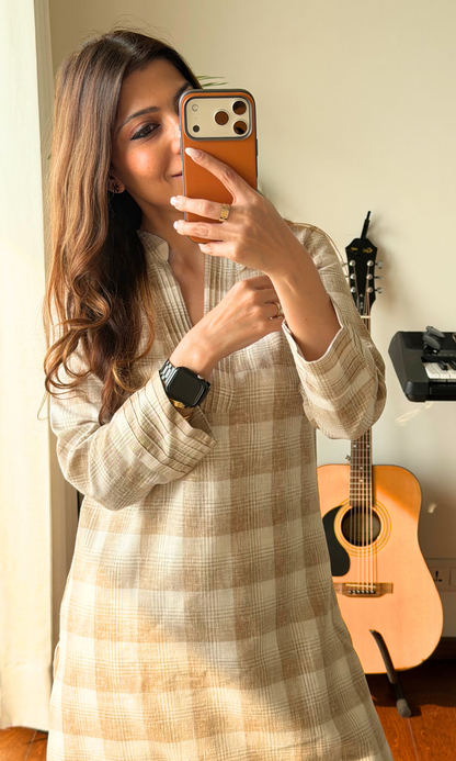 Linen Blend Beige Checked Kurta with Cotton Pants