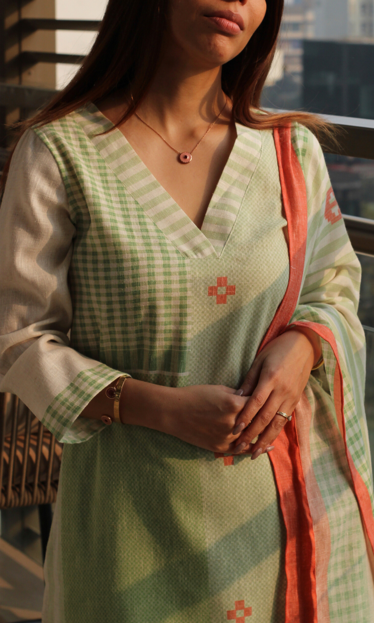 Linen Blend Sage Sukoon Printed Kurta, Dupatta & Cotton Pants