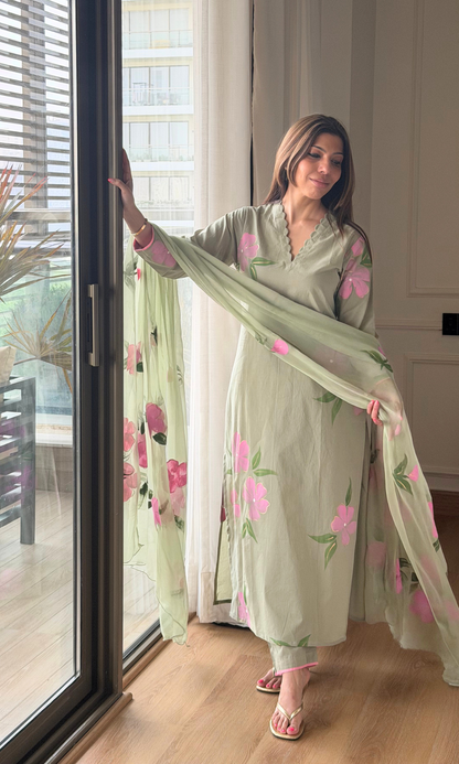 Sage & Pink Cotton Handpainted Kurta, Pant & Chiffon Handpainted Dupatta