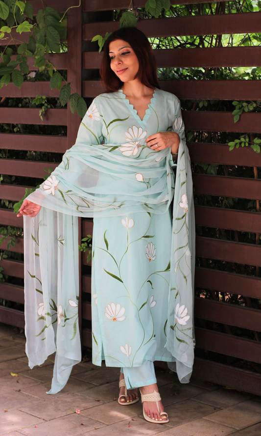 Dew Mint Handbrush Painted Kurta, Pant & Chiffon Handpainted Dupatta