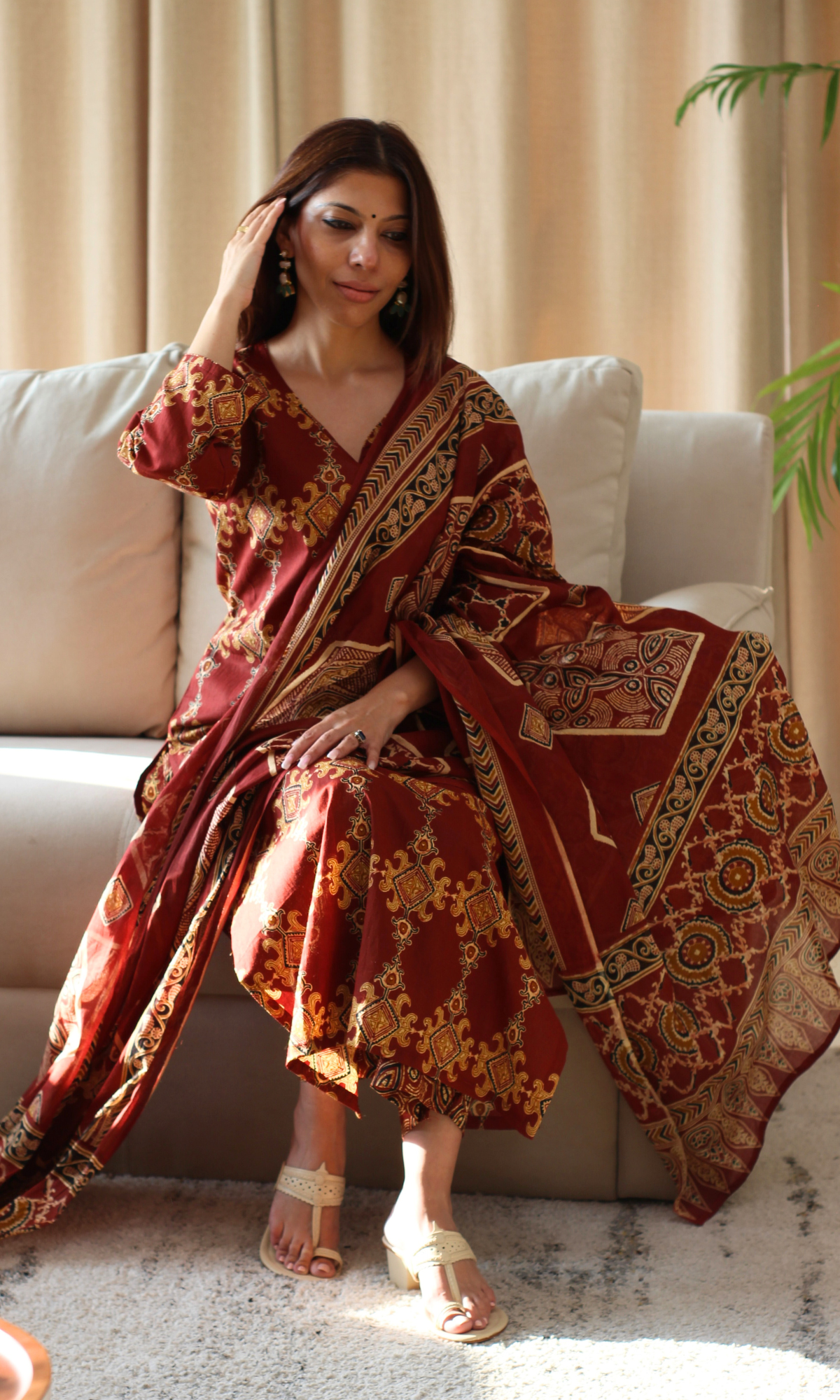 Cotton Red & Yellow Ajrakh Print Kurta, Pant & Printed dupatta