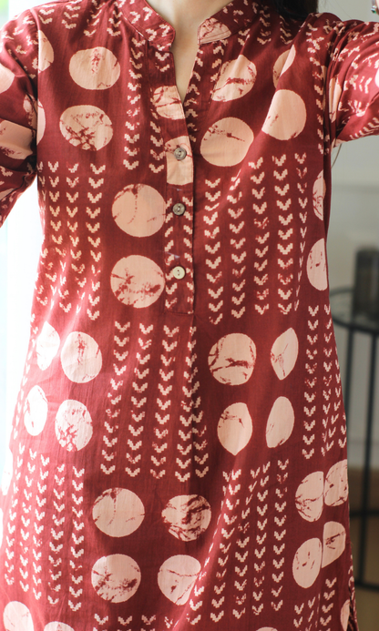 Earthy Red Dabu Print Kurta with Pleated Pants