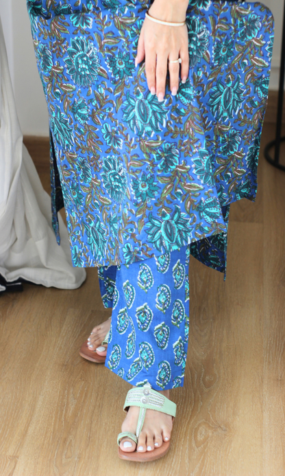 Noor Blue Block Printed Kurta & Cotton Pants