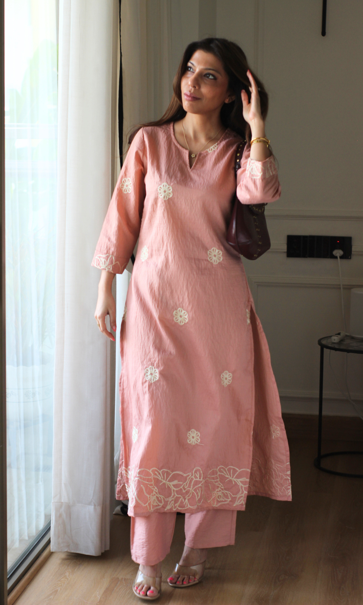 Peach Flower Embroidered Kurta & Pant