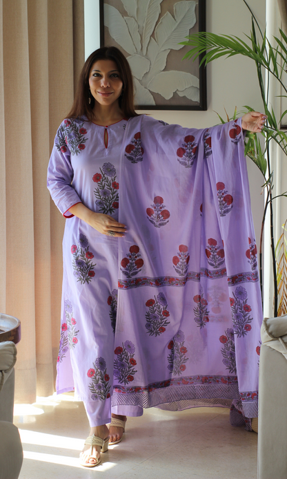 Lavender & Red Handblock Mughal Print Cotton Kurta, Dupatta & Cotton Pants