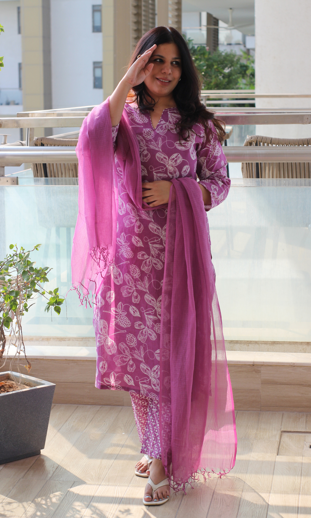 Cotton Mulberry Petal Print Kurta, Pant & Kota Doria Dupatta
