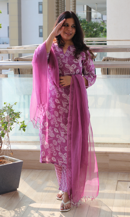 Cotton Mulberry Petal Print Kurta, Pant & Kota Doria Dupatta