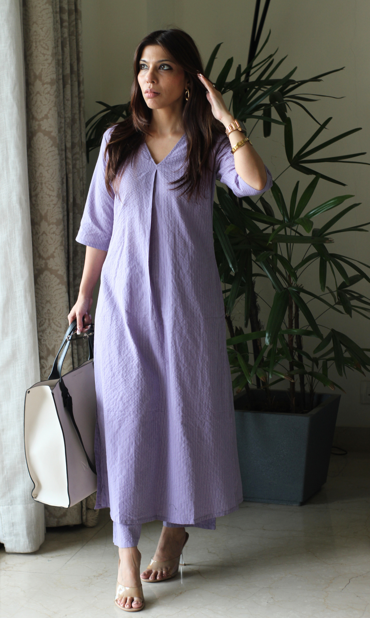 Lavender Kantha Cotton Pleated Kurta & Pant