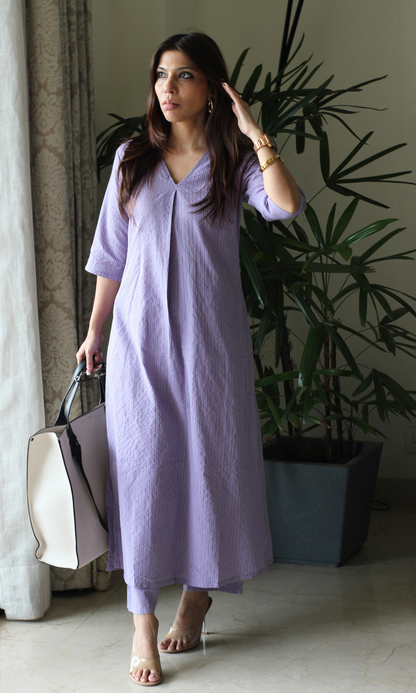 Lavender Kantha Cotton Pleated Kurta & Pant